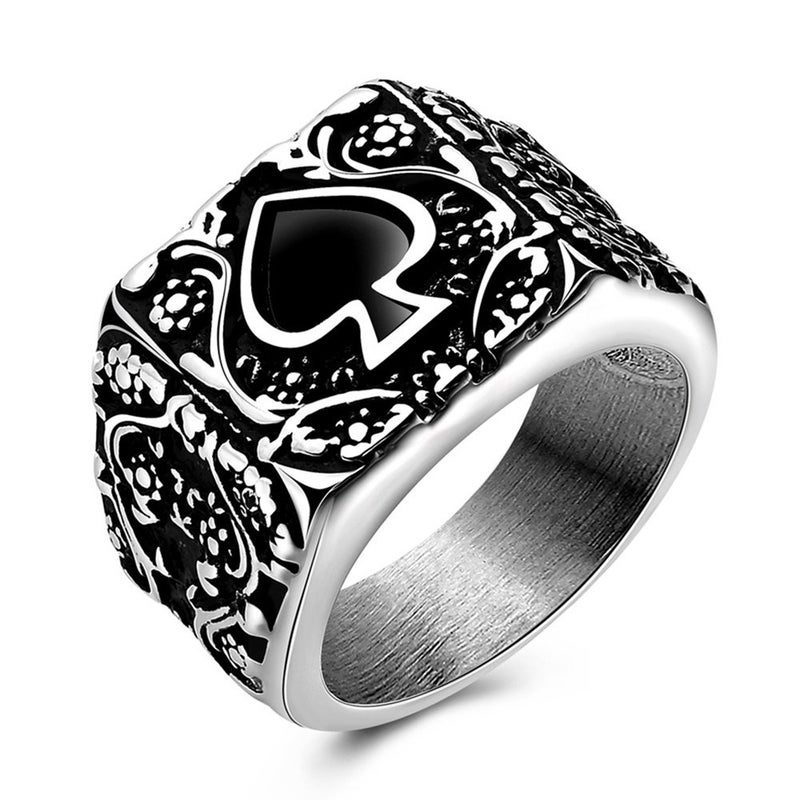 JAJAFOOK Mens Stainless Steel Ring, Poker Spade Ace, Vintage Biker Rings, Black Silver Size 6 7 8 9 - Image 1
